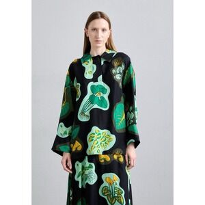 Rodebjer Sunshine Leaf Blouse – Oversized Cupro Tunic Top – Green/Yellow‎ Size M